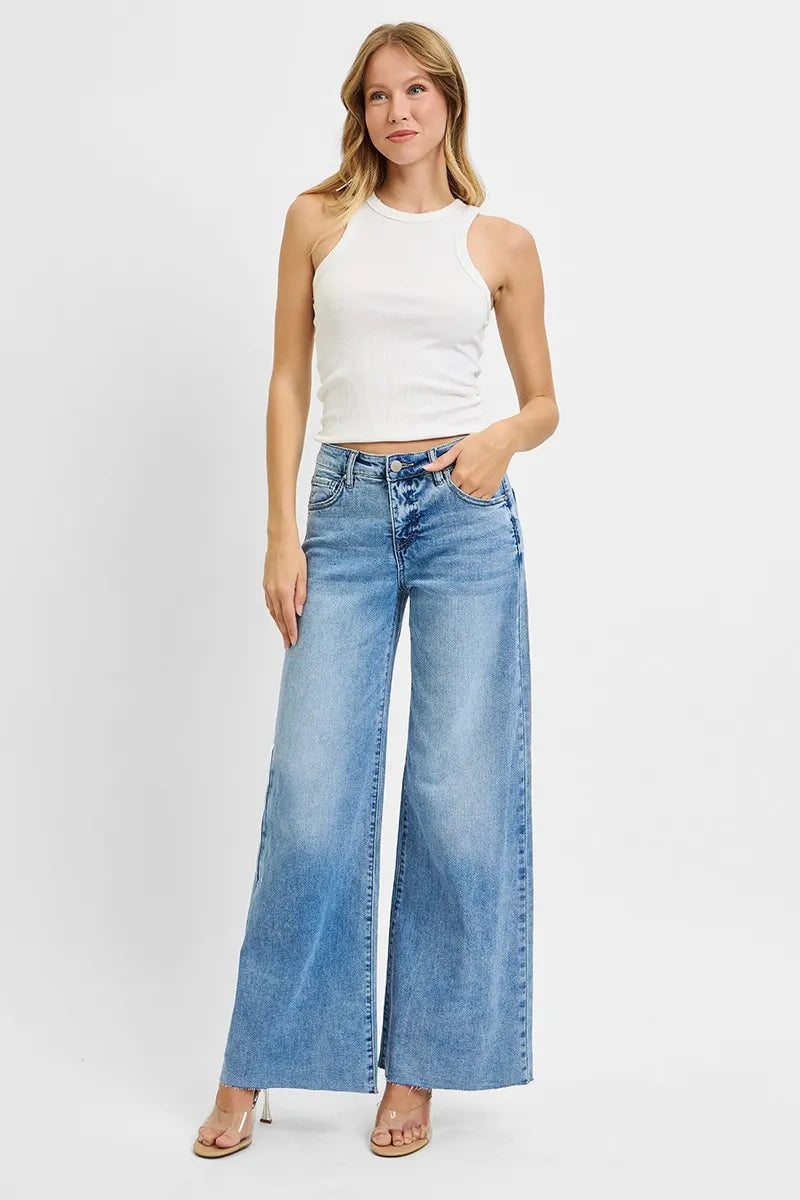 RISEN Full Size Tummy Control High Rise Ankle Palazzo Jeans Plus Size - Alwesbo Fashion