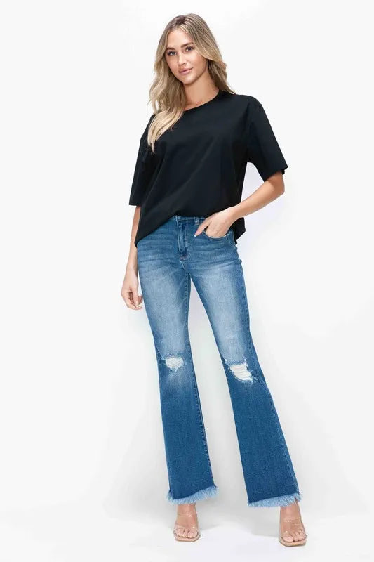 bytos Full Size Raw Hem Distressed High Rise Bootcut Jeans - Alwesbo Fashion