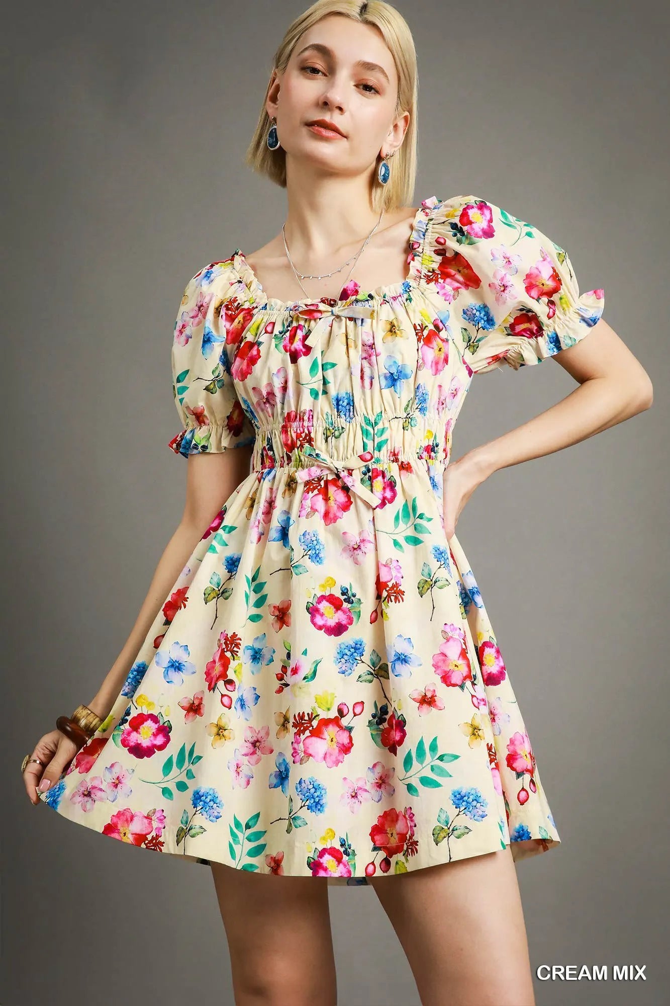Floral Print Mini Dress with Puff Sleeves - Alwesbo Fashion