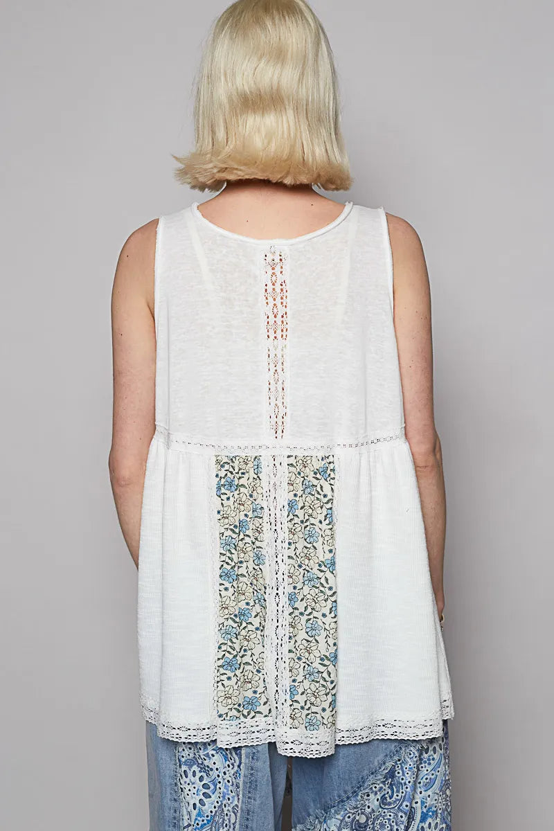 POL V Neck Sleeveless Tank Top with Lace Detail - Alwesbo Fashion