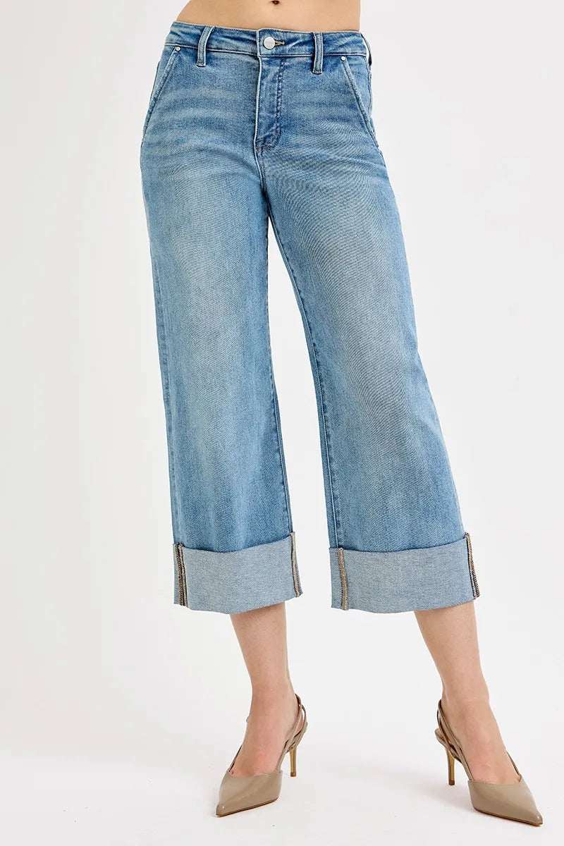 Plus Size Tummy Control High Rise Ankle Wide Cuffed Jeans - Alwesbo Fashion
