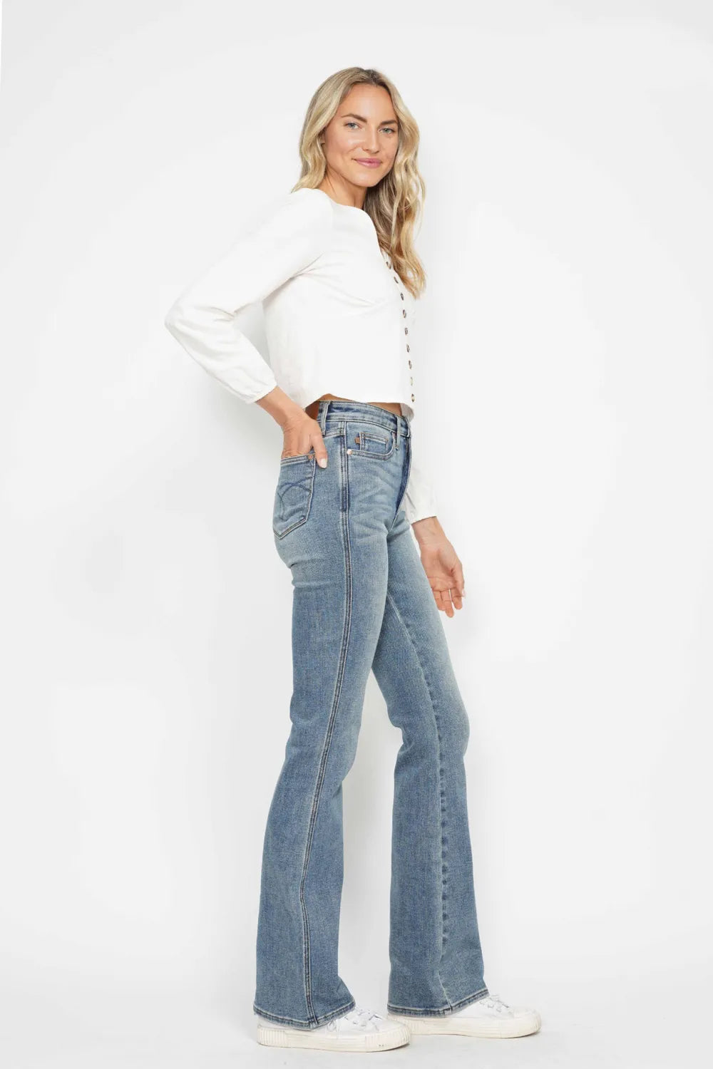 Judy Blue Full Size Tummy Control Back Embroidered Pocketed Bootcut Jeans Plus Size - Alwesbo Fashion