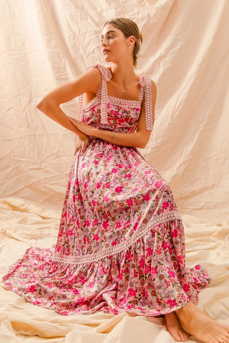 Floral Maxi Dress with Ribbon Tie and Lace Straps - Alwesbo Fashion