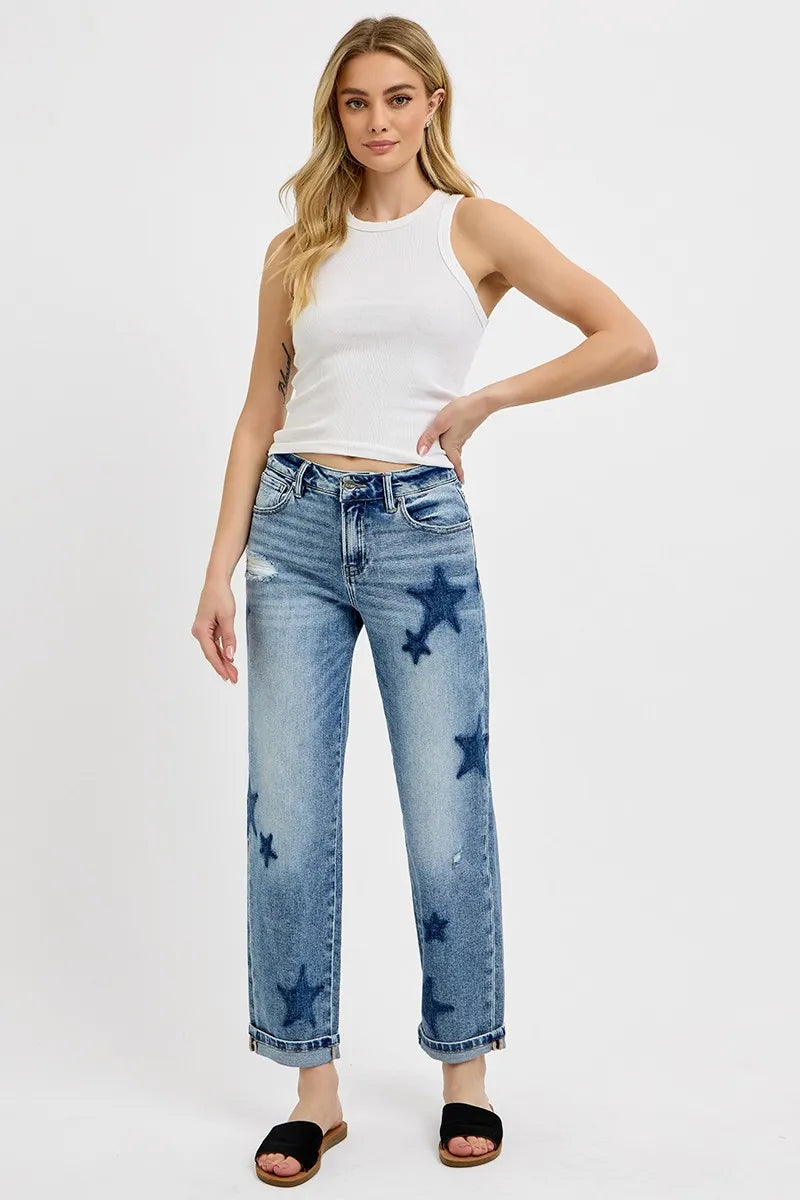 Trendy Boyfriend Jeans Featuring Star Shadow Accents and Cuffed Legs – Plus Size - Alwesbo Fashion