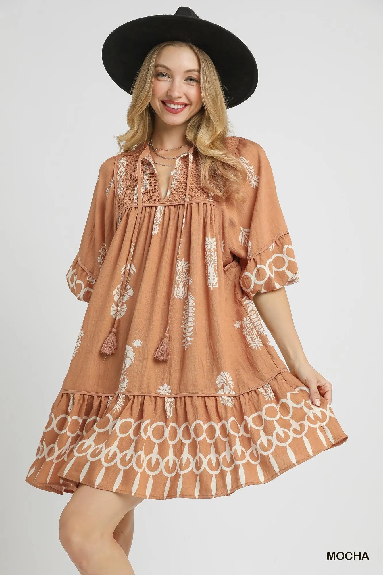 Border Print Mini Dress with Tassel Tie Neck - Alwesbo Fashion