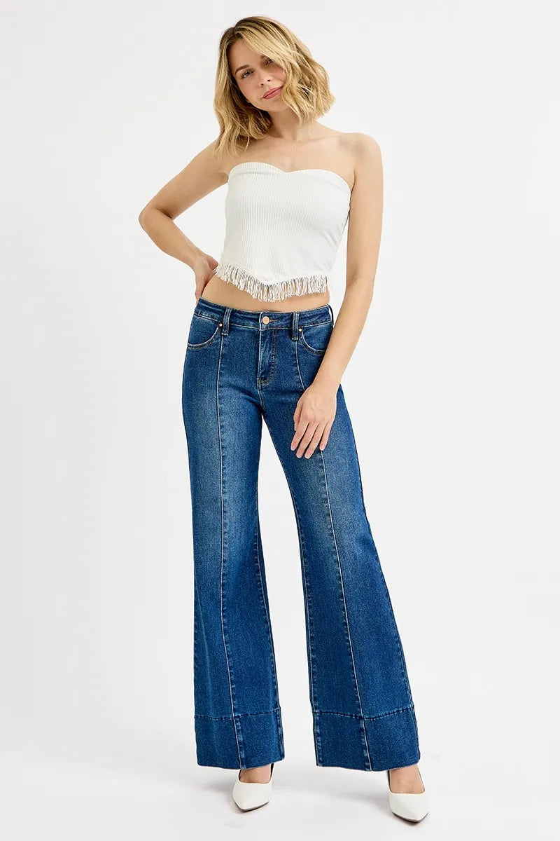 Plus Size Tummy Control Mid Rise Ankle Wide Flare Jeans - Alwesbo Fashion