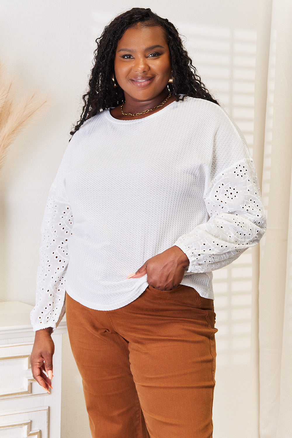 Shiny Eyelet Dropped Shoulder Round Neck Blouse - Alwesbo Fashion
