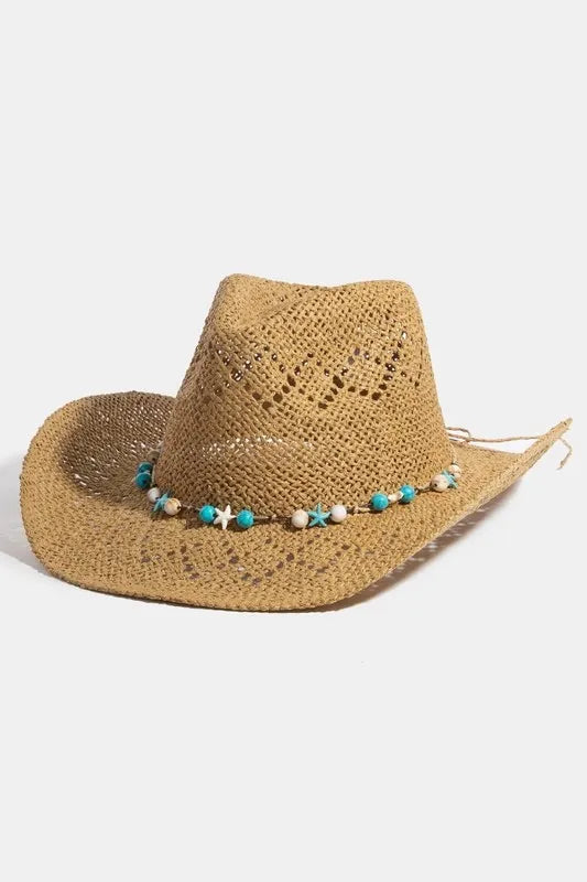 Western Straw Hat with Turquoise & Shell Star Bead Strap - Alwesbo Fashion