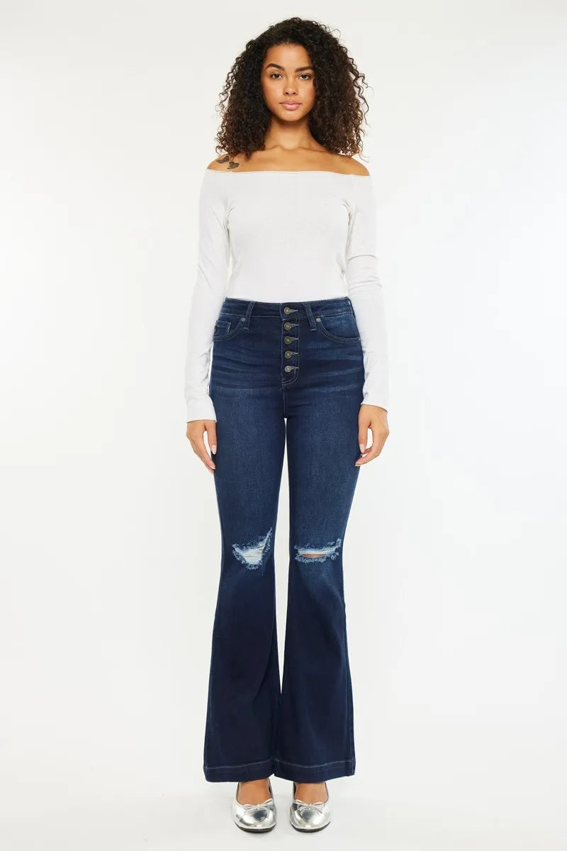Women's High Waist Button Fly Flare Denim with Ripped Accents - Alwesbo Fashion