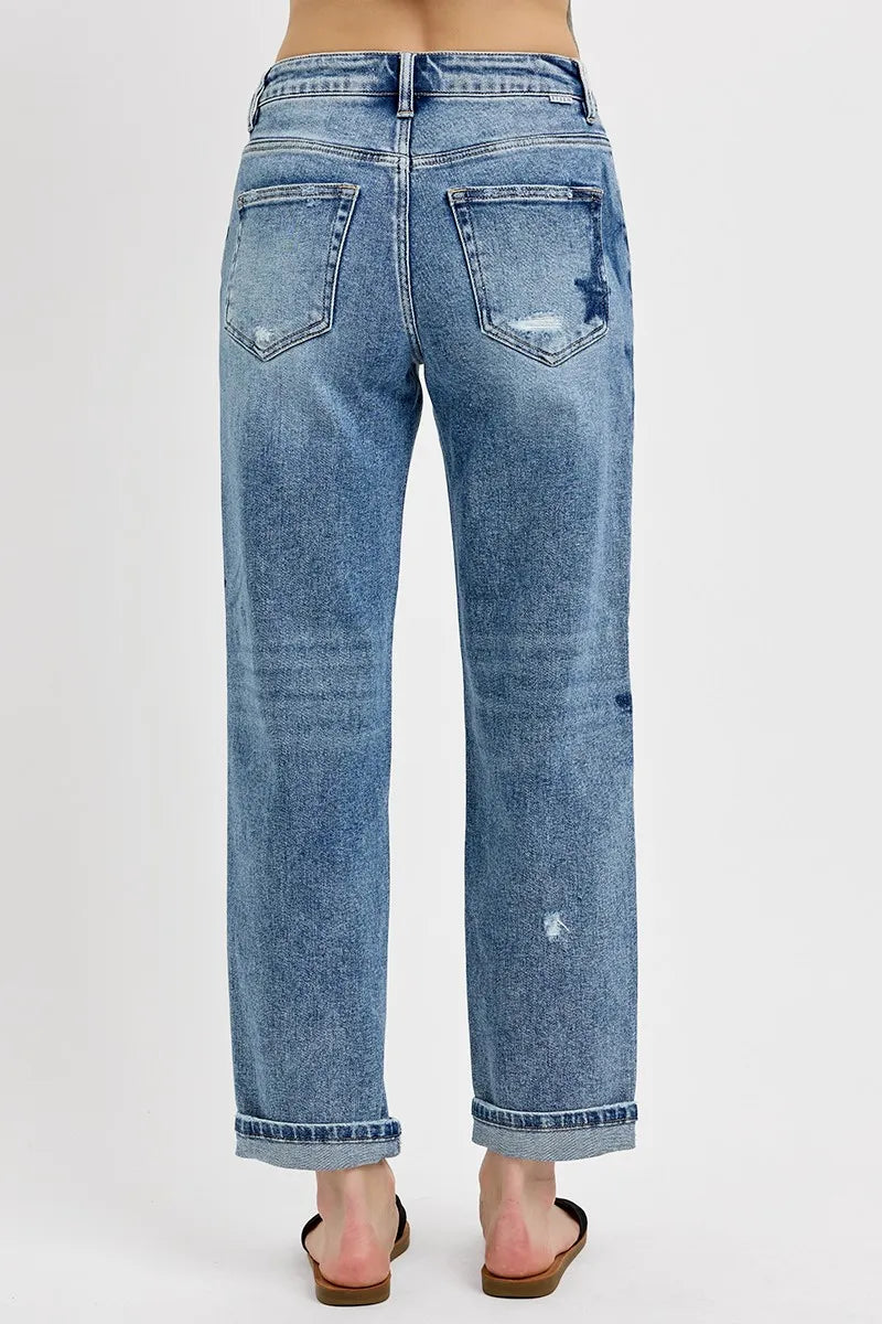 Trendy Boyfriend Jeans Featuring Star Shadow Accents and Cuffed Legs – Plus Size - Alwesbo Fashion