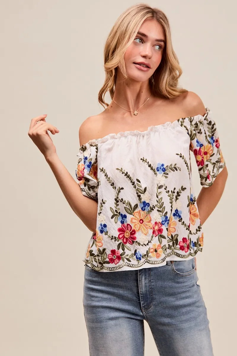 Floral Embroidered Off-The-Shoulder Blouse with Two-Way Wear - Alwesbo Fashion