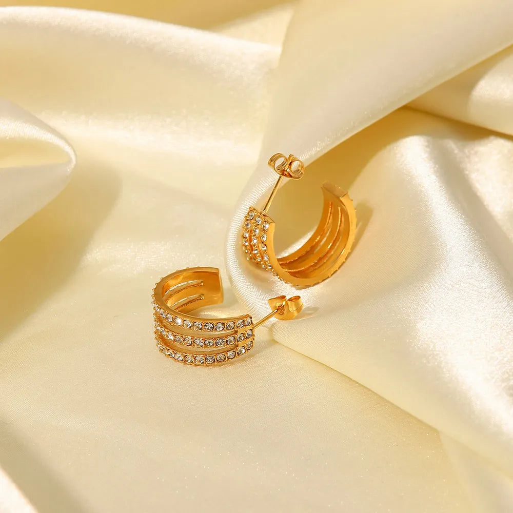Stainless Steel Inlaid Zircon C-Hoop Earrings - Alwesbo Fashion