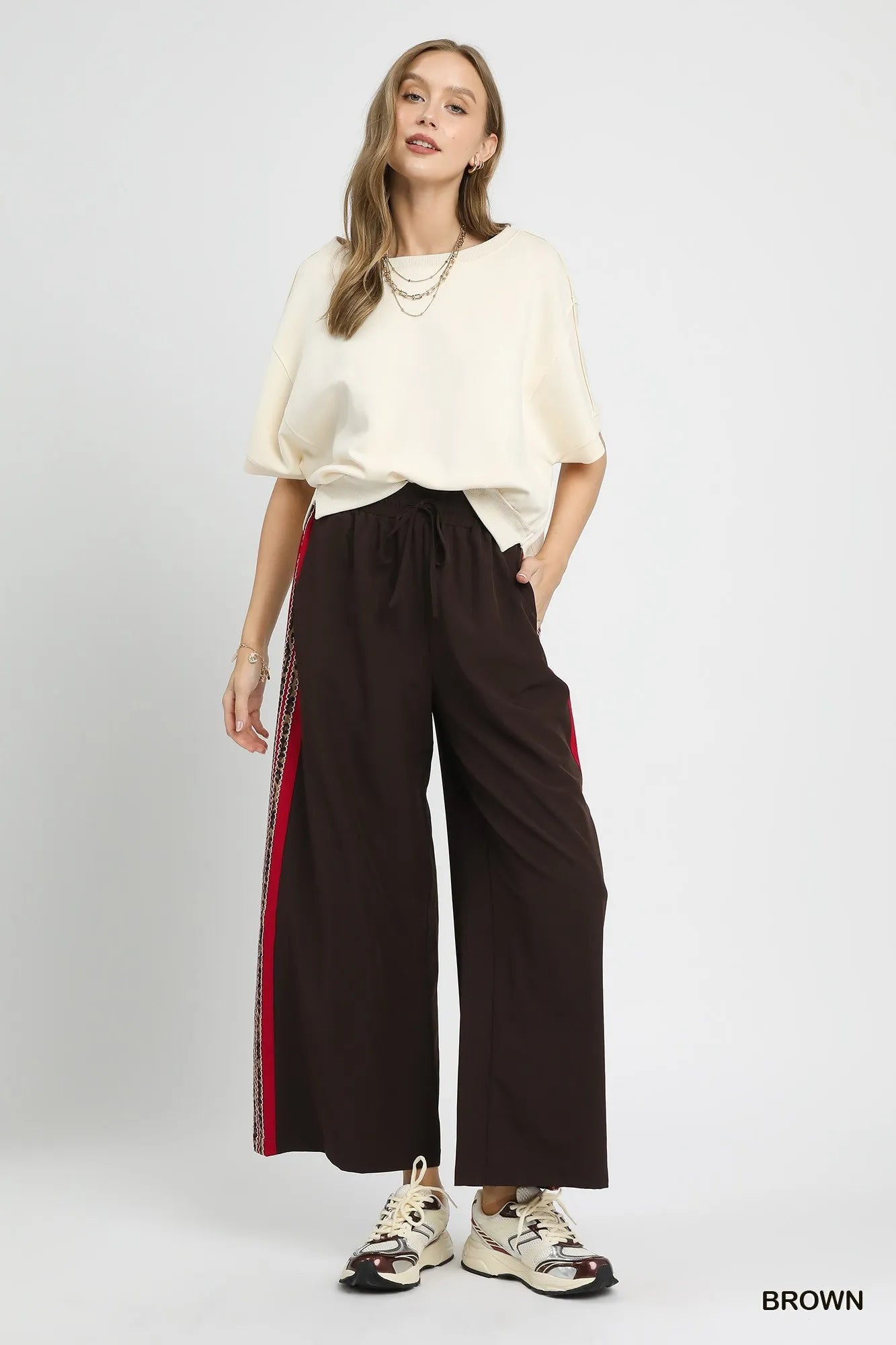 Umgee Wide Leg Pants with Contrast Side Trim - Alwesbo Fashion