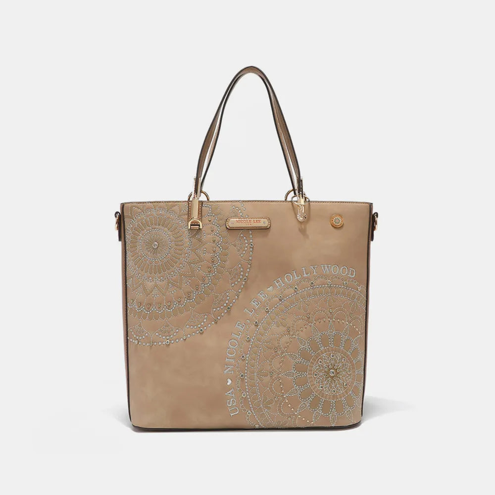 Nicole Lee USA Metallic Stitching Embroidery Inlaid Rhinestone Tote Bag - Alwesbo Fashion