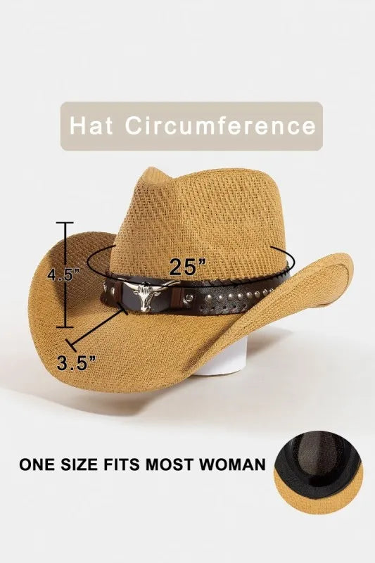 Fame Studded Bull Head Strap Straw Western Cowboy Hat - Alwesbo Fashion