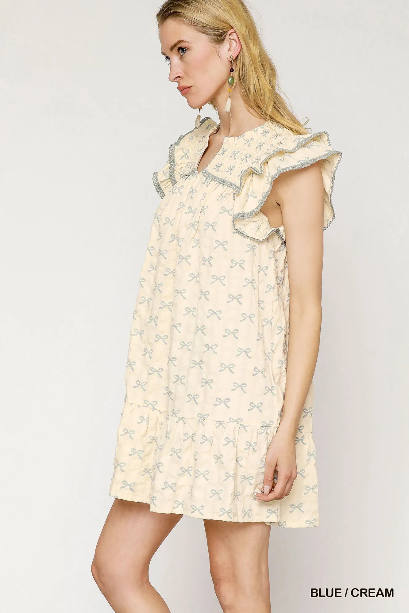 Bow Print Mini Dress with Ruffled Cap Sleeves - Alwesbo Fashion
