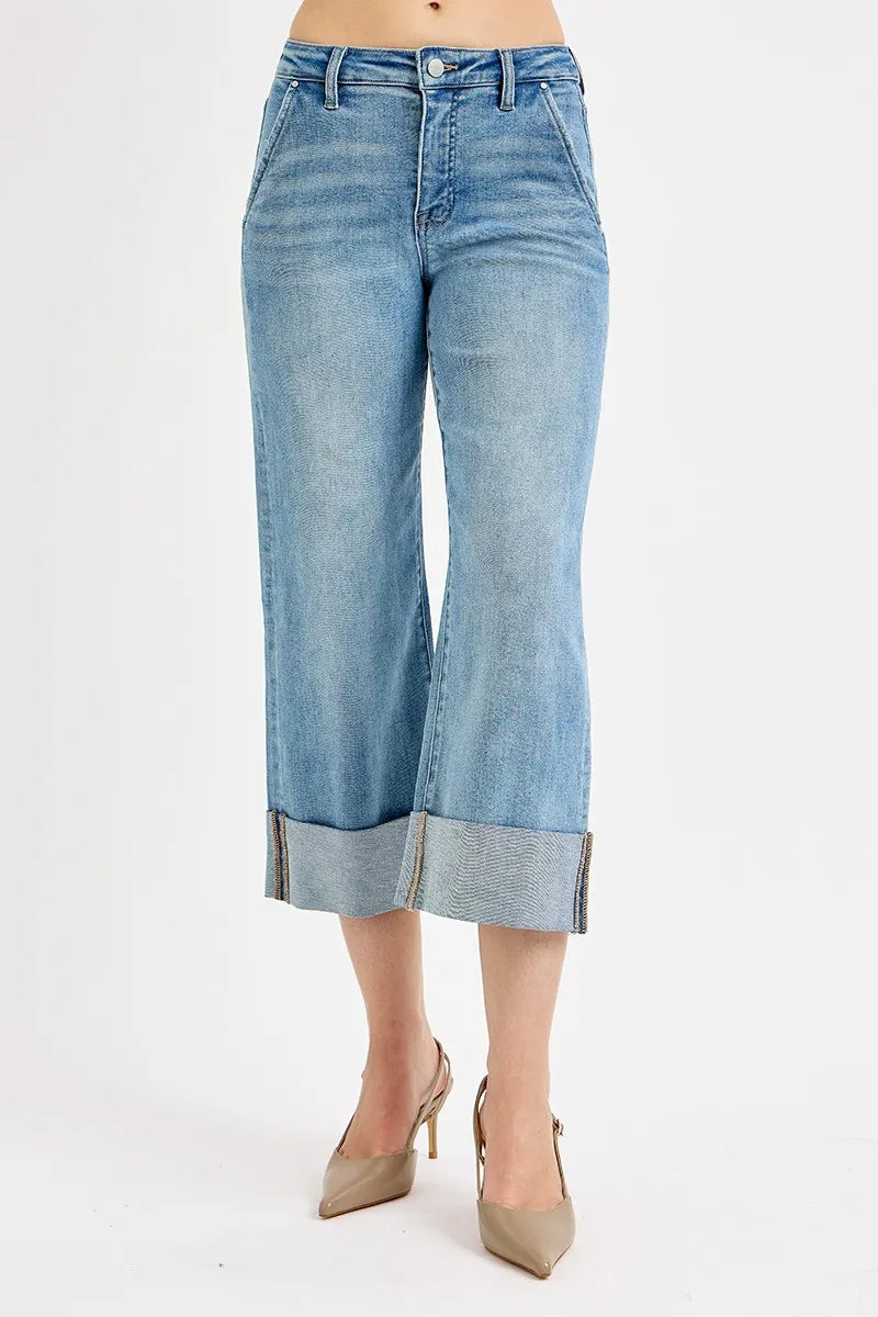 Plus Size Tummy Control High Rise Ankle Wide Cuffed Jeans - Alwesbo Fashion