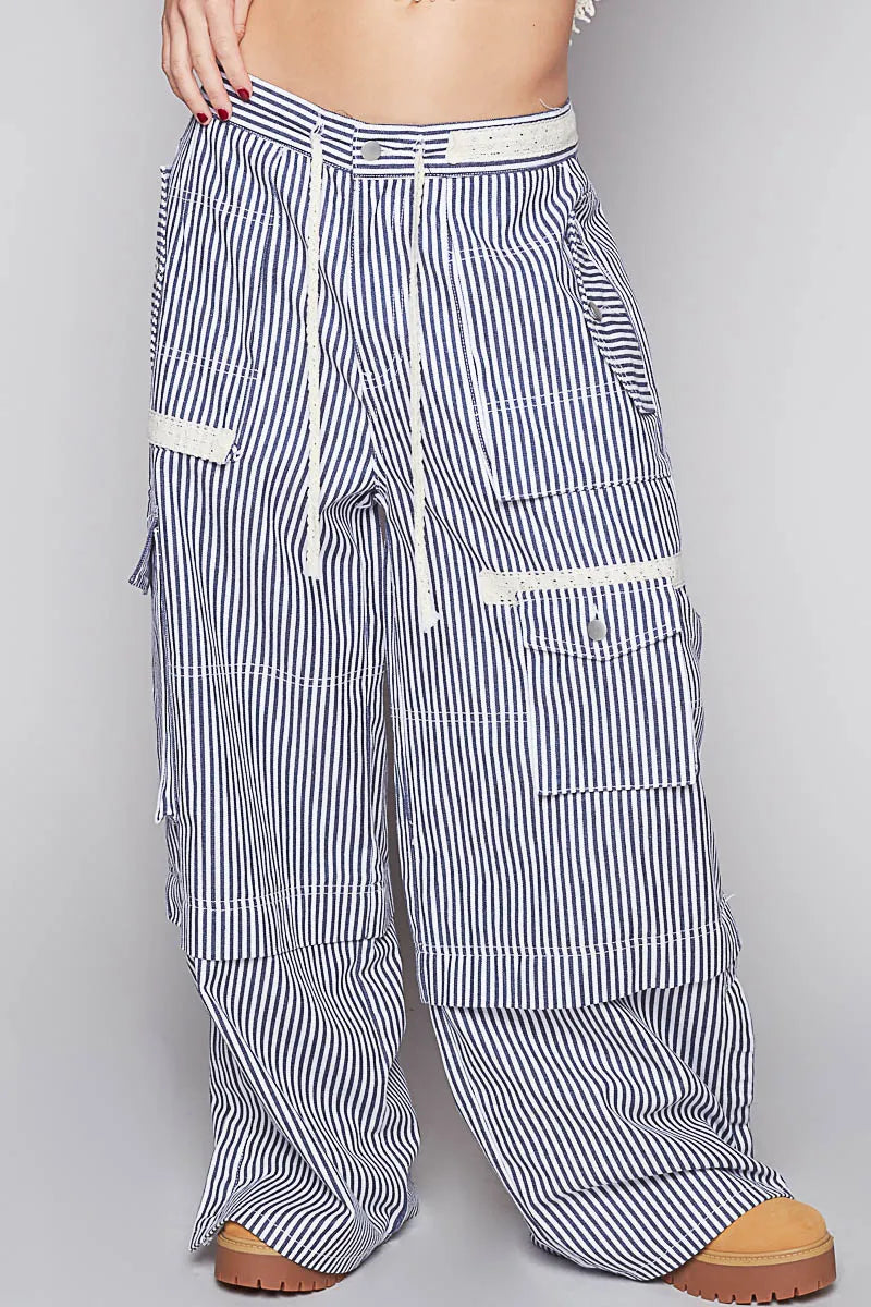 POL Striped Wide Leg Pants with Cargo Pockets - Alwesbo Fashion