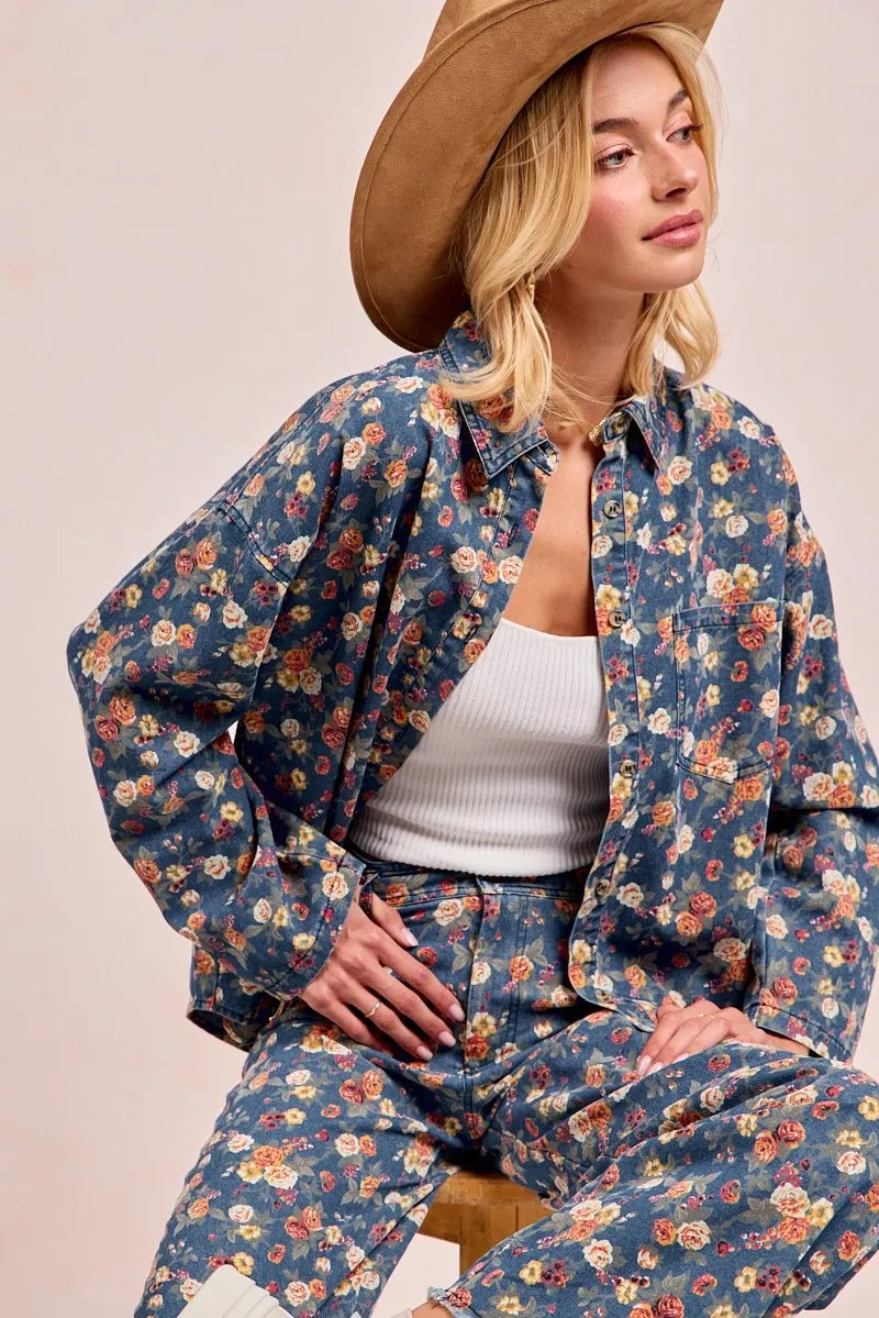 Washed Floral Denim Jacket for Women - Alwesbo Fashion