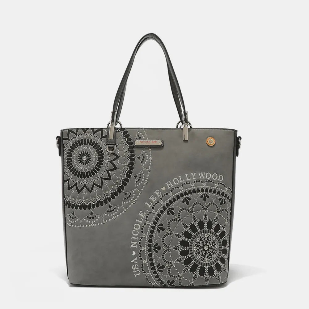 Nicole Lee USA Metallic Stitching Embroidery Inlaid Rhinestone Tote Bag - Alwesbo Fashion
