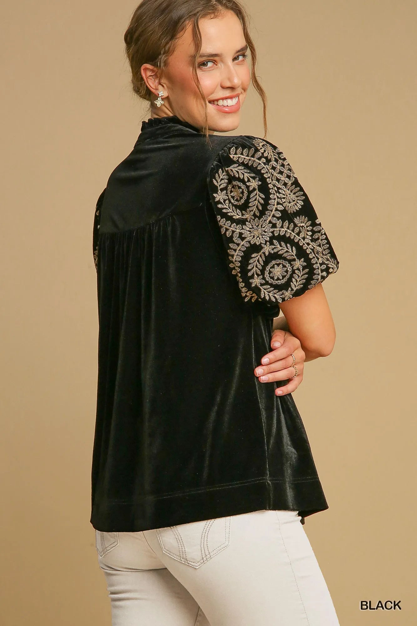 Plus Size Velvet Blouse with Stylish Embroidered Sleeve Detail - Alwesbo Fashion