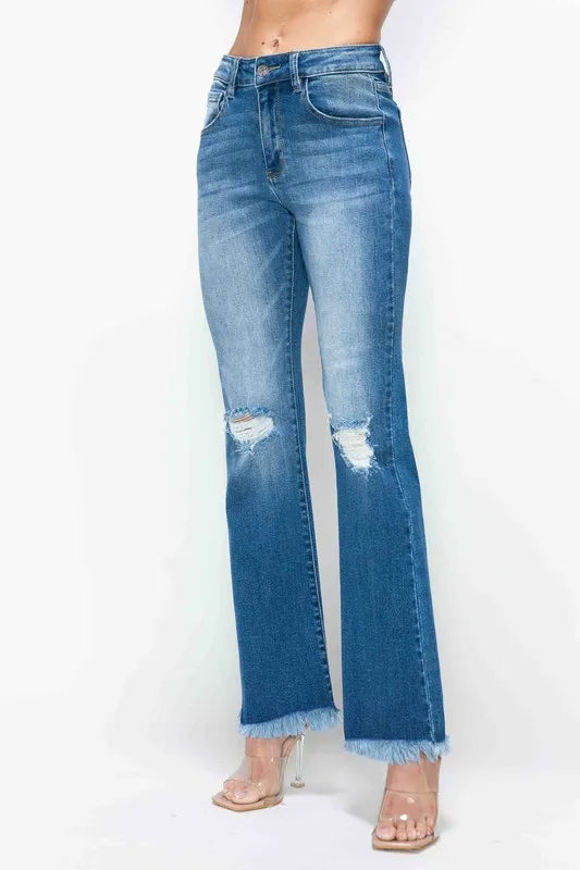 bytos Full Size Raw Hem Distressed High Rise Bootcut Jeans - Alwesbo Fashion