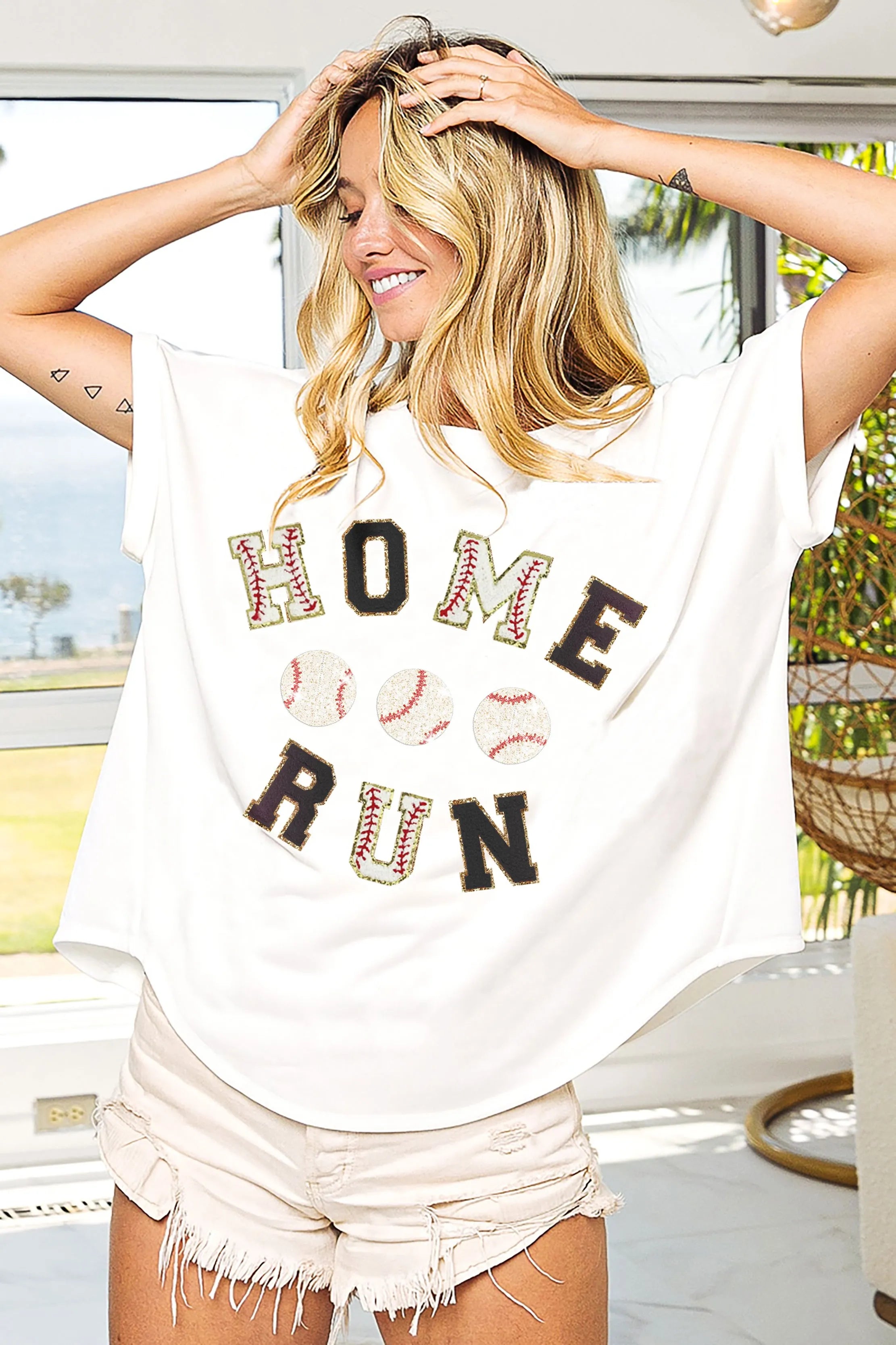 Washed Short Sleeve Top with Baseball Homerun Letter Print - Alwesbo Fashion