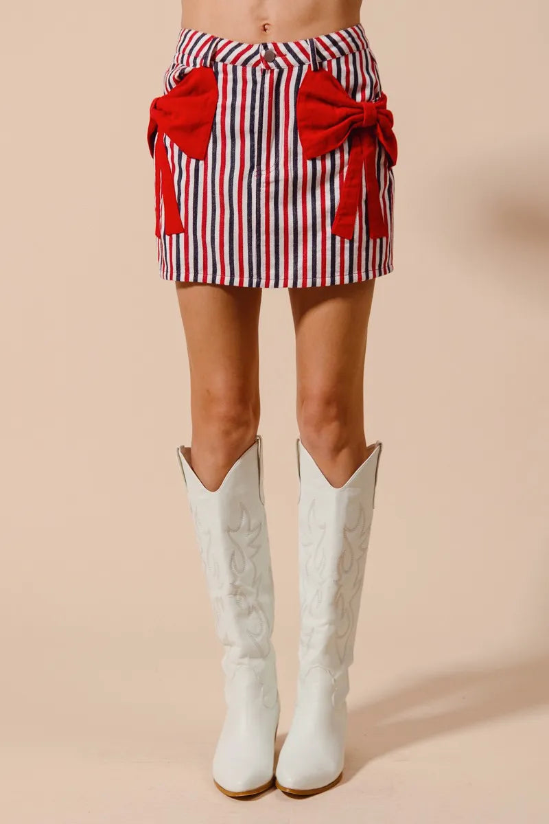 SO ME Contrast Bow Knot Pocket Fourth Of July Denim Skirt - Alwesbo Fashion