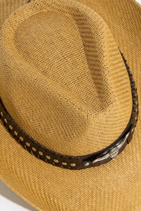 Fame Studded Bull Head Strap Straw Western Cowboy Hat - Alwesbo Fashion