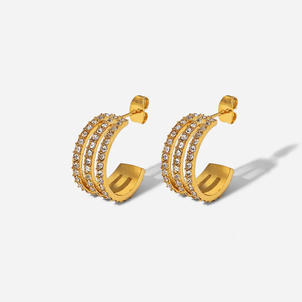 Stainless Steel Inlaid Zircon C-Hoop Earrings - Alwesbo Fashion