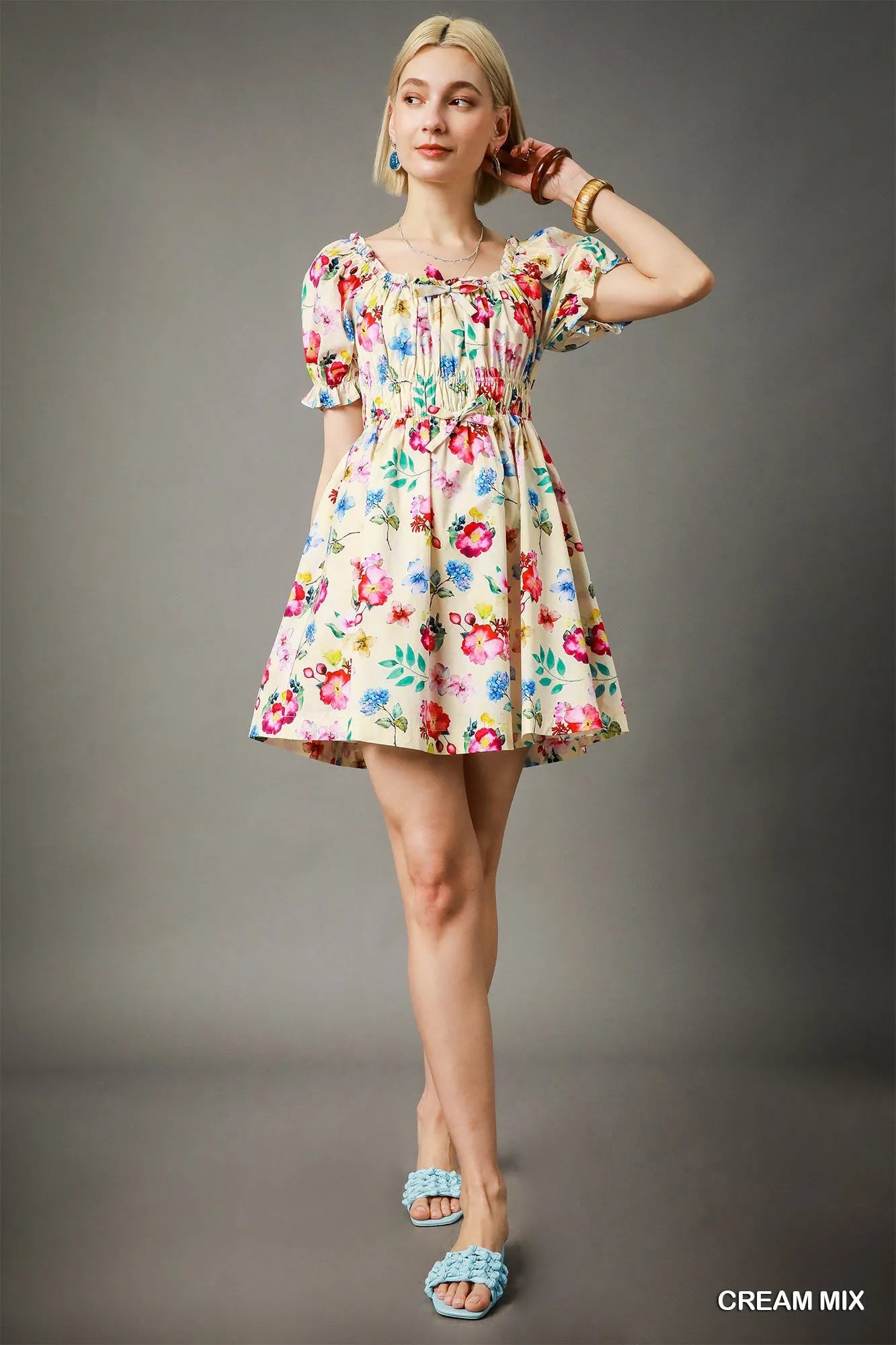 Floral Print Mini Dress with Puff Sleeves - Alwesbo Fashion