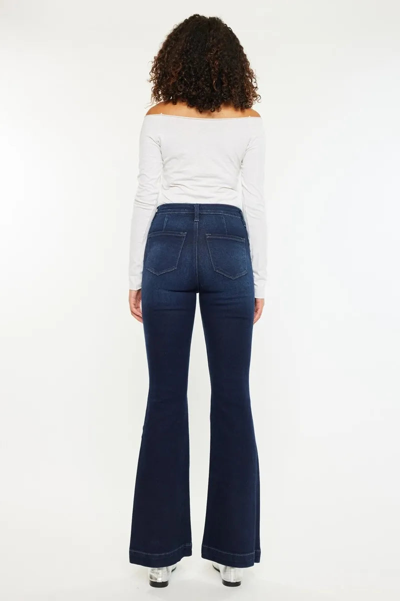 Women's High Waist Button Fly Flare Denim with Ripped Accents - Alwesbo Fashion