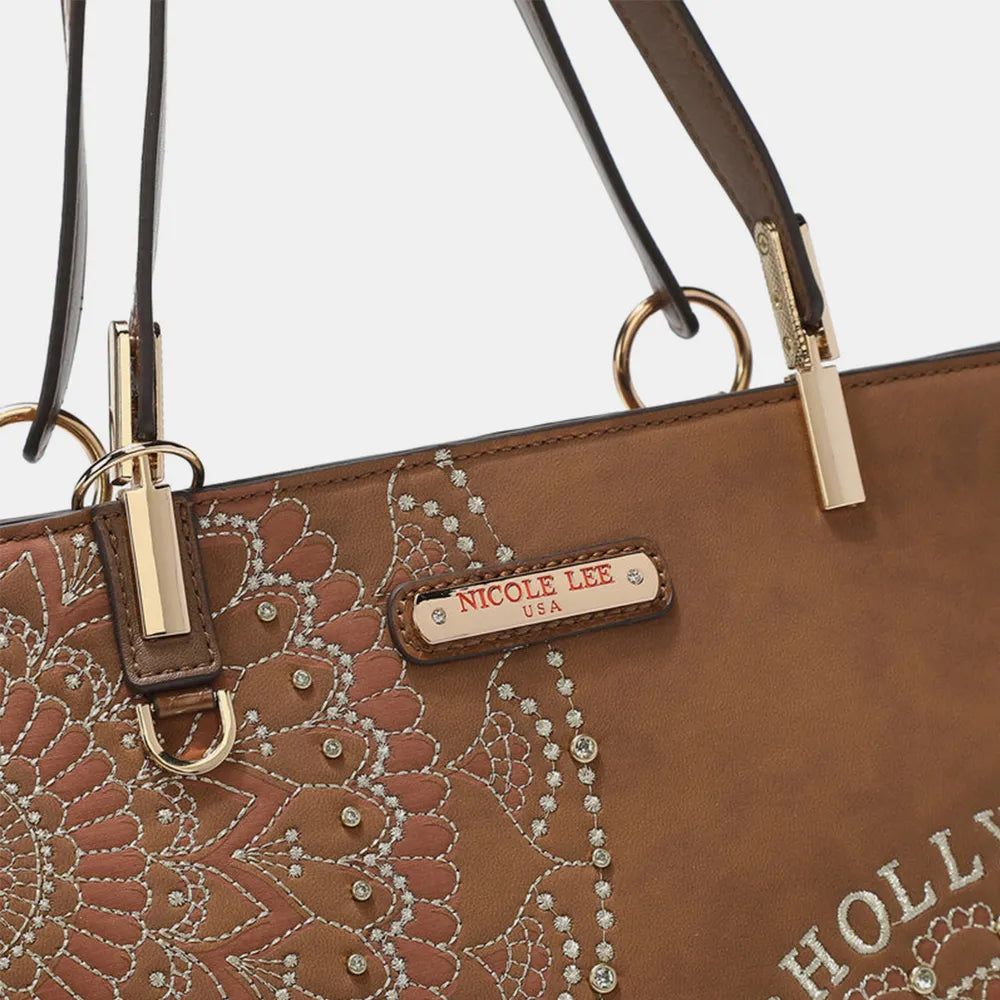 Nicole Lee USA Metallic Stitching Embroidery Inlaid Rhinestone Tote Bag - Alwesbo Fashion