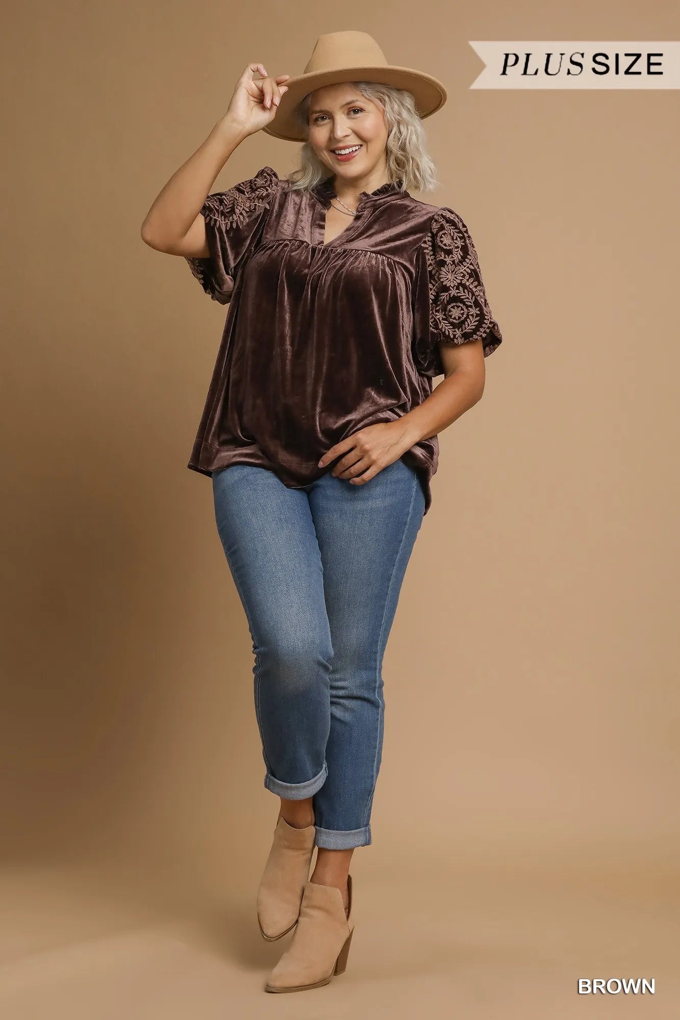 Soft Velvet Blouse with Detailed Embroidered Sleeves – Plus Size - Alwesbo Fashion