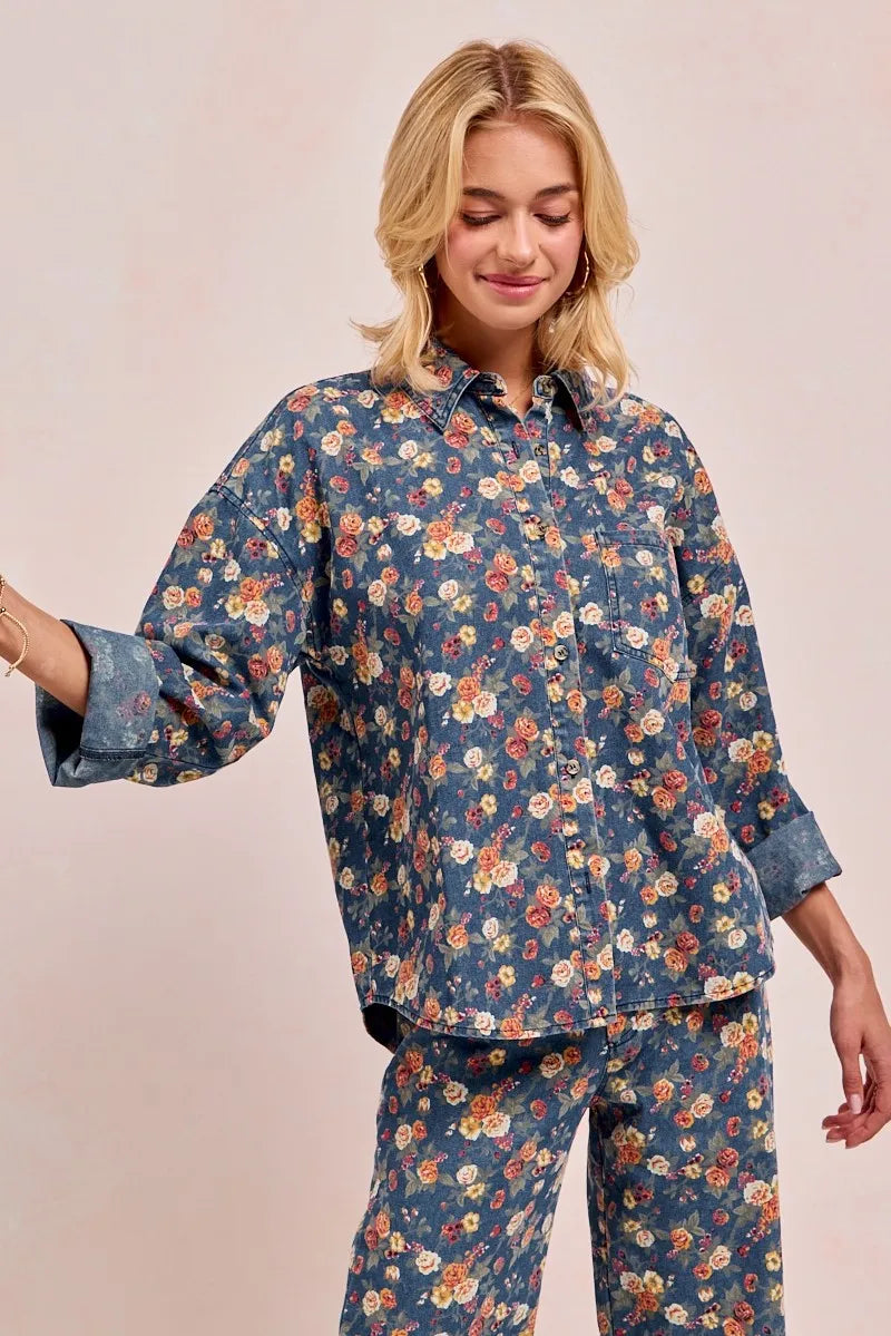 Washed Floral Denim Jacket for Women - Alwesbo Fashion