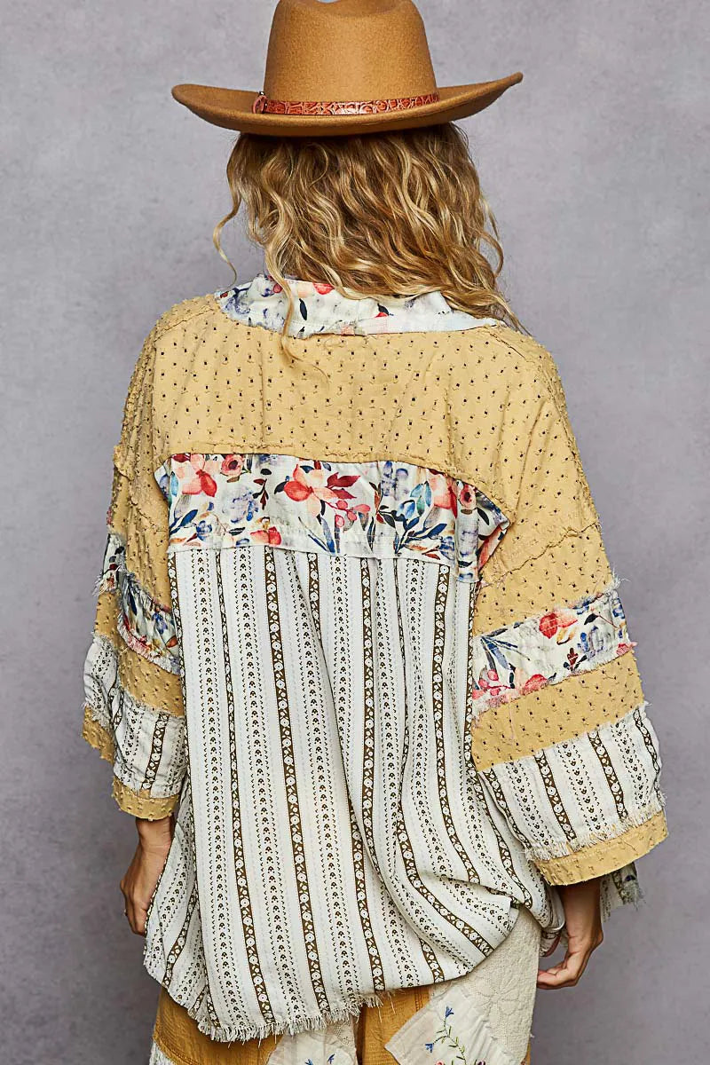 Boho Patchwork Open Front Cardigan with Floral Trim - Alwesbo Fashion