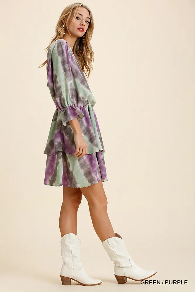 Tie Dye Ruffle Layered Dress with Stretch Waistband - Alwesbo Fashion