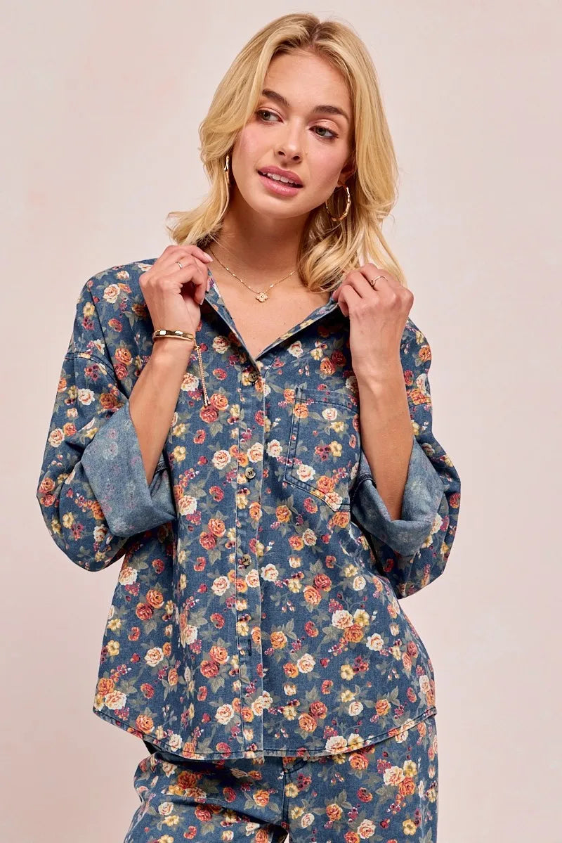 Washed Floral Denim Jacket for Women - Alwesbo Fashion
