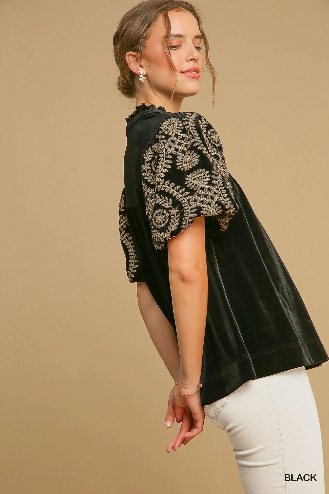Plus Size Velvet Blouse with Stylish Embroidered Sleeve Detail - Alwesbo Fashion