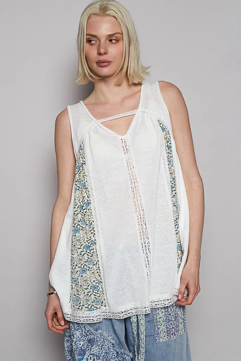 POL V Neck Sleeveless Tank Top with Lace Detail - Alwesbo Fashion
