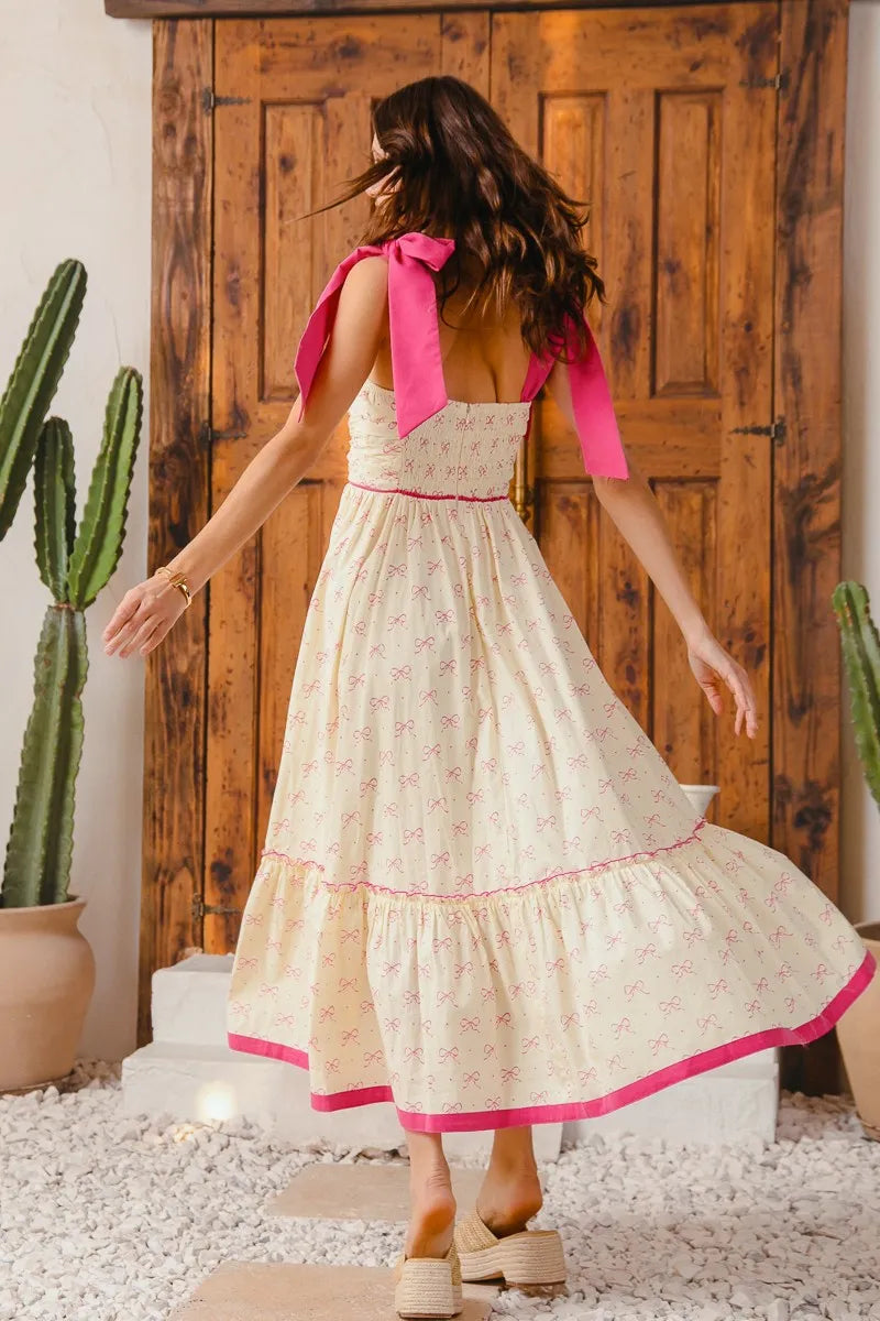 Flowy Maxi Dress with Ribbon Tie and Contrast Trim - Alwesbo Fashion