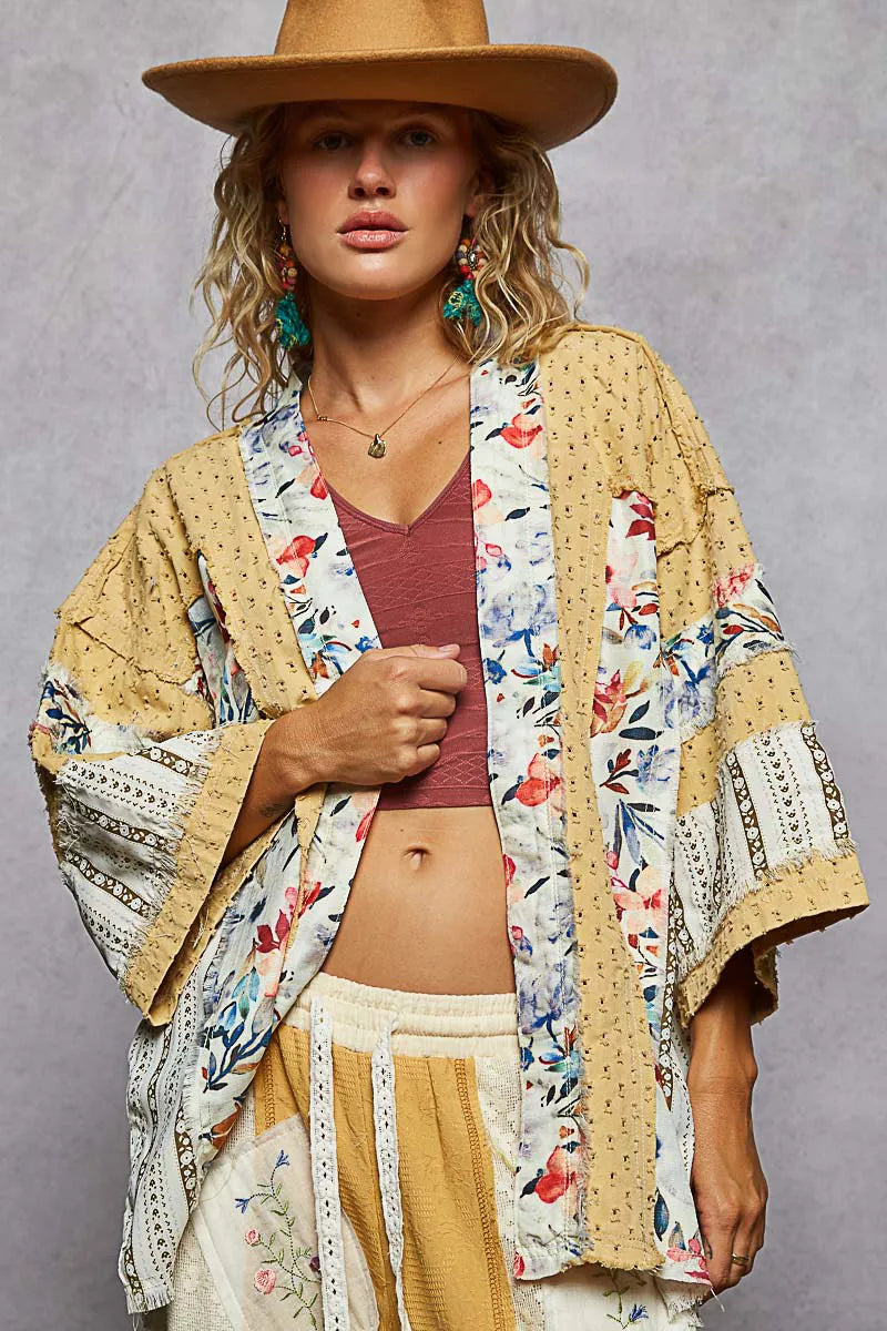 Boho Patchwork Open Front Cardigan with Floral Trim - Alwesbo Fashion