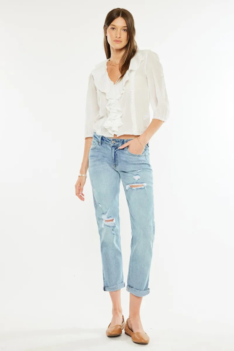 Mid Rise Distressed Boyfriend Fit Jeans for Women - Alwesbo Fashion