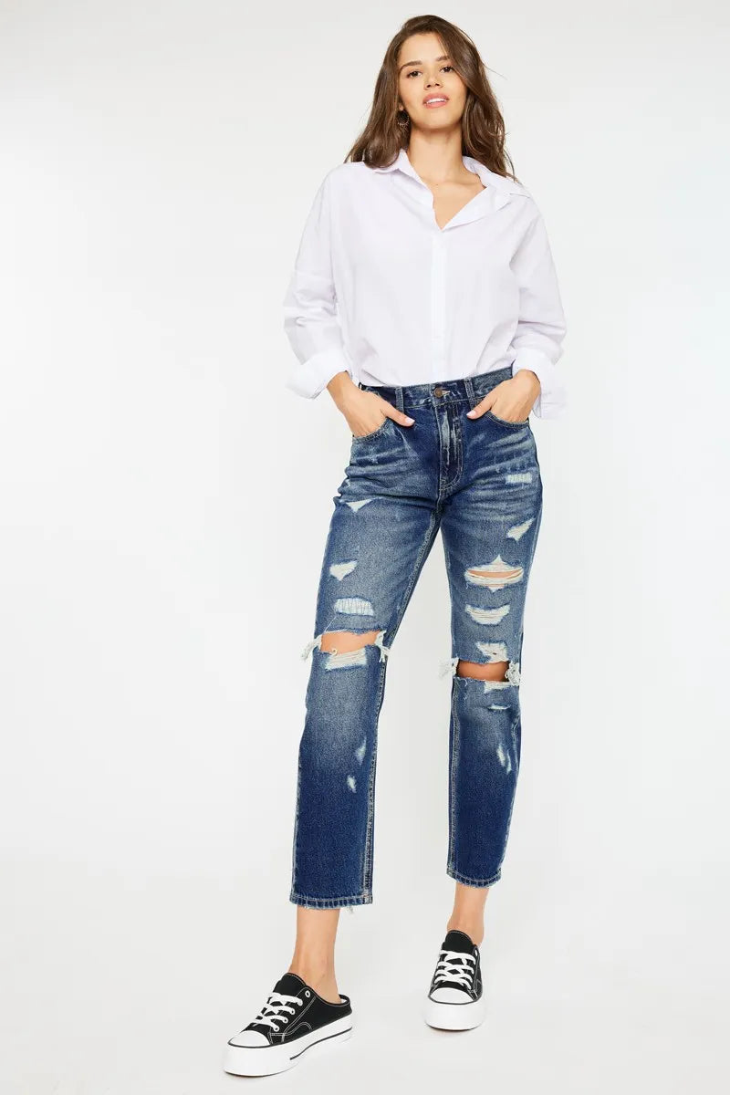 Kancan High Rise Distressed Mom Fit Jeans - Alwesbo Fashion