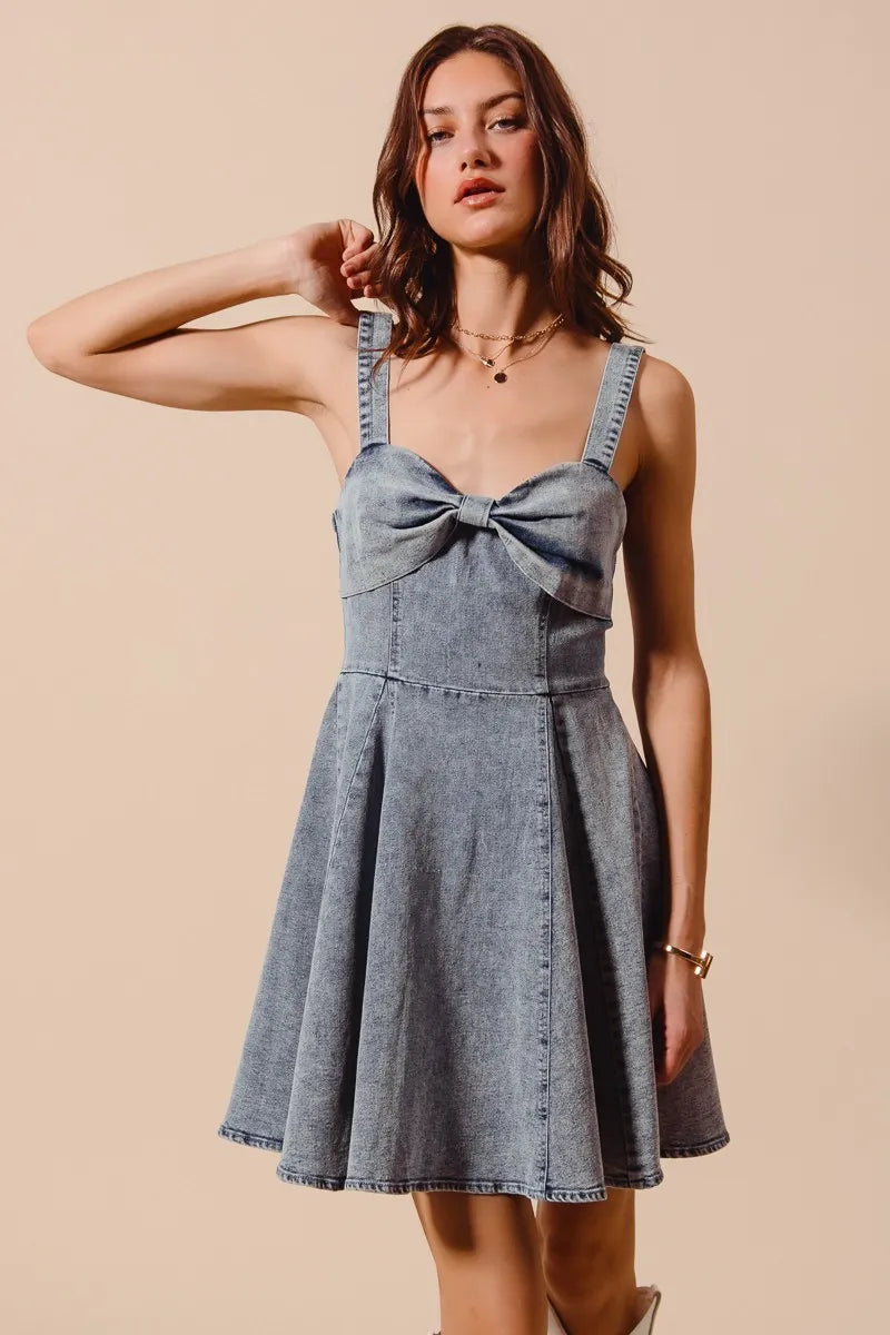 Mineral Washed Denim Flare Dress with Bow Ribbon Detail - Alwesbo Fashion