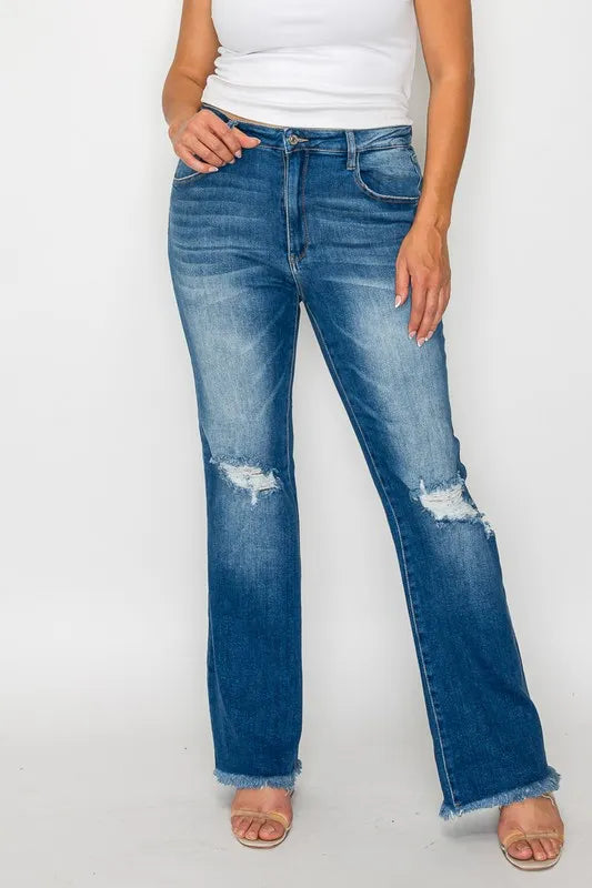 bytos Full Size Raw Hem Distressed High Rise Bootcut Jeans - Alwesbo Fashion