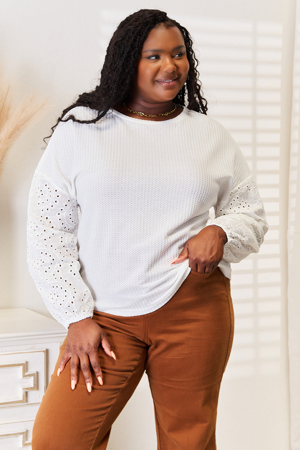 Shiny Eyelet Dropped Shoulder Round Neck Blouse - Alwesbo Fashion