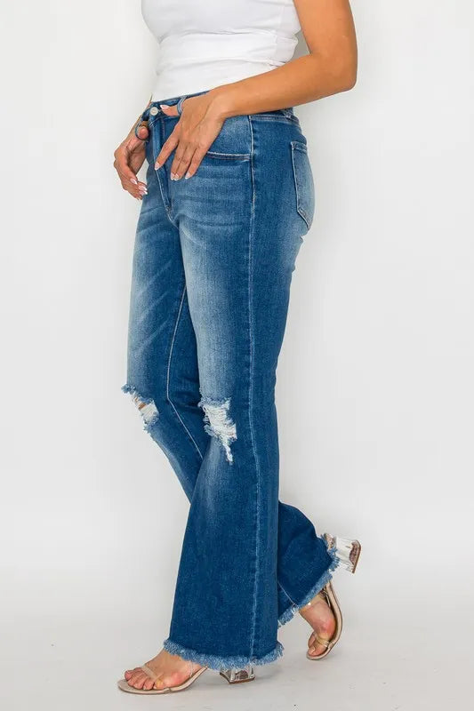 bytos Full Size Raw Hem Distressed High Rise Bootcut Jeans - Alwesbo Fashion