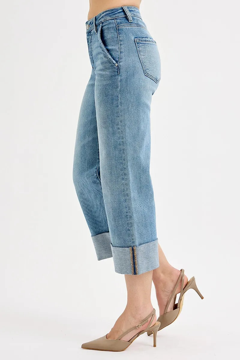 Plus Size Tummy Control High Rise Ankle Wide Cuffed Jeans - Alwesbo Fashion