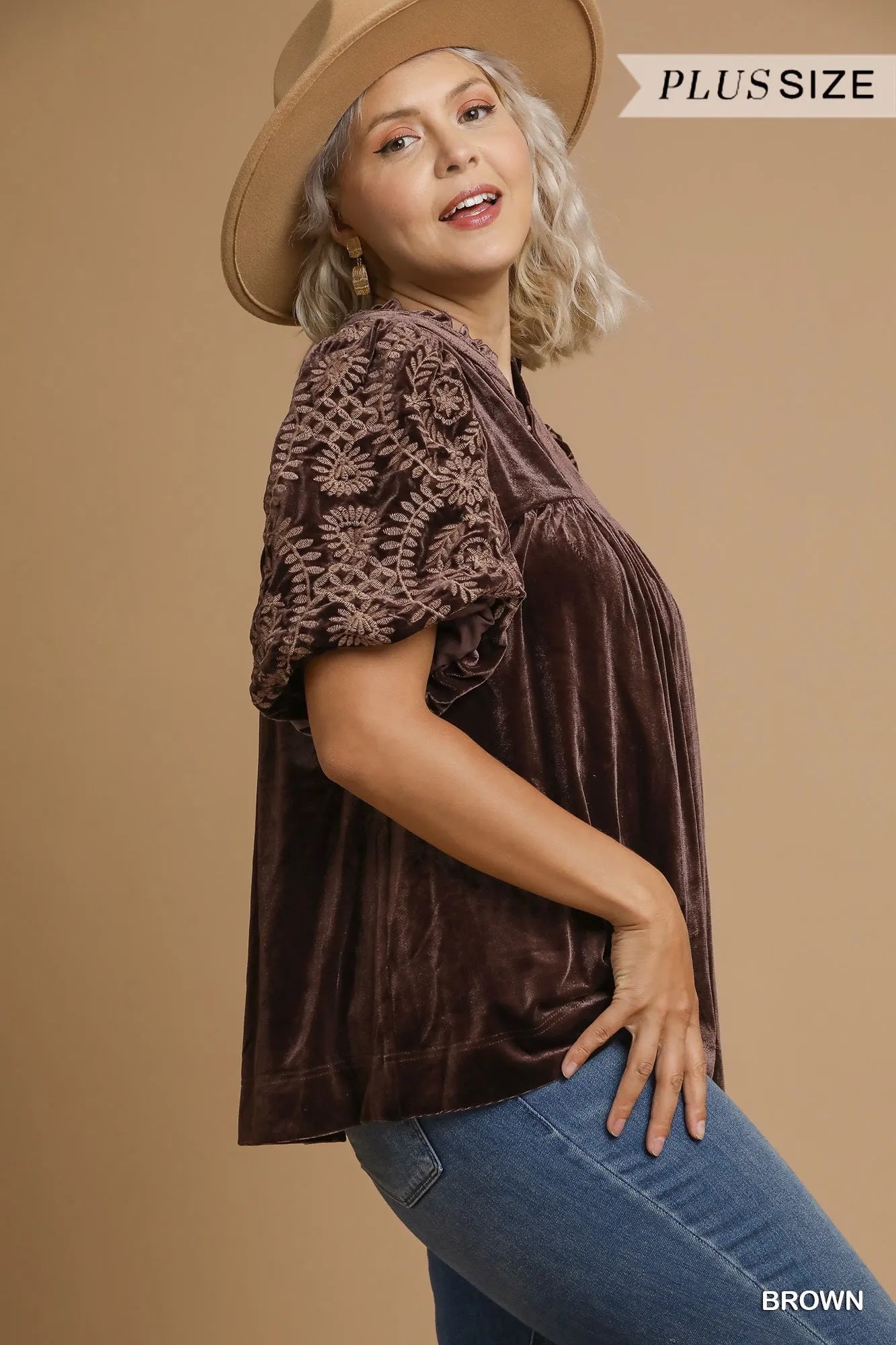 Soft Velvet Blouse with Detailed Embroidered Sleeves – Plus Size - Alwesbo Fashion